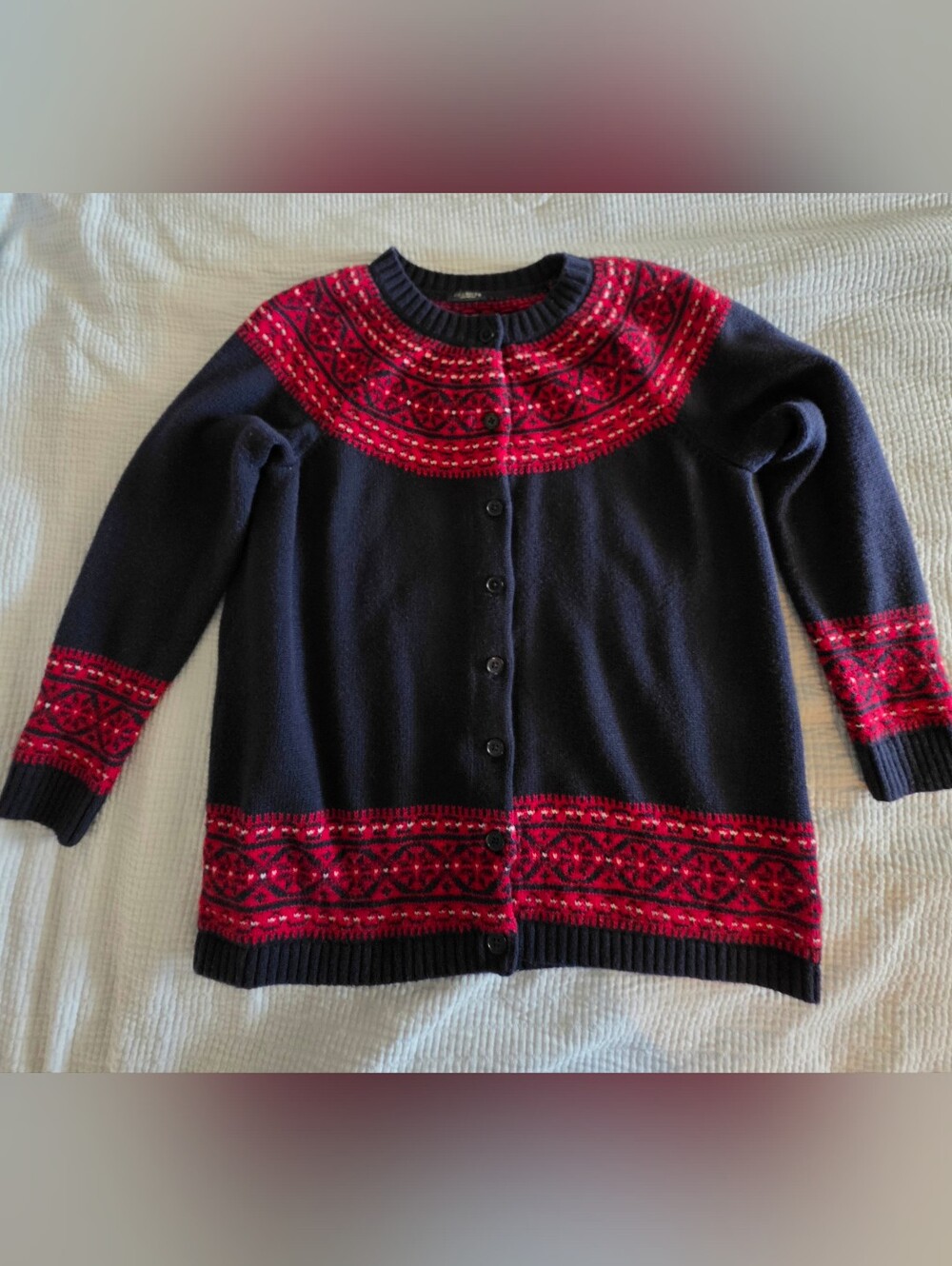 Talbots Woman M Petite Isle Cardigan Lambswool Blend Navy Red Nordic Holiday